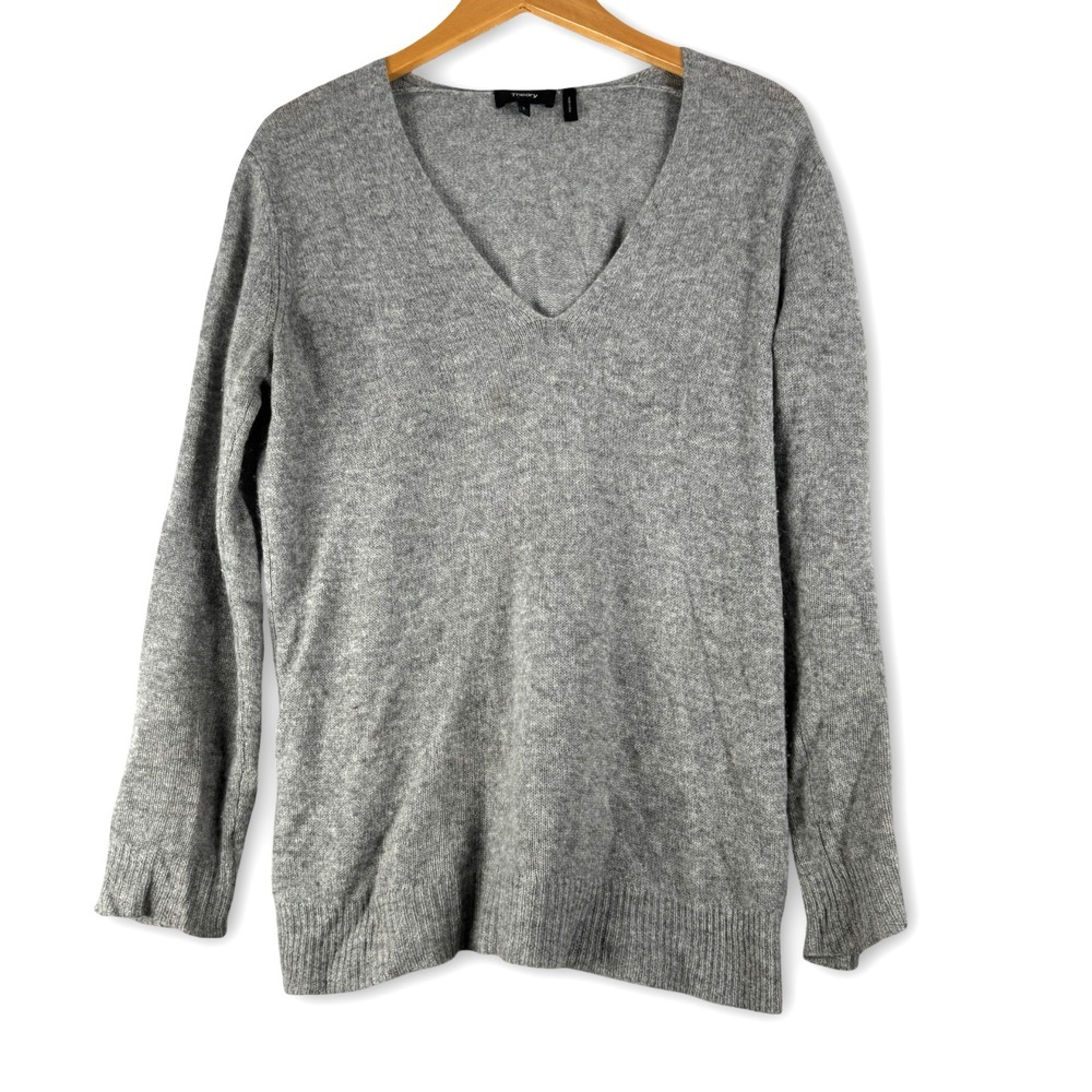 Theory Womens 100% Cashmere Gray Soft Vneck Sweater Sz S Small